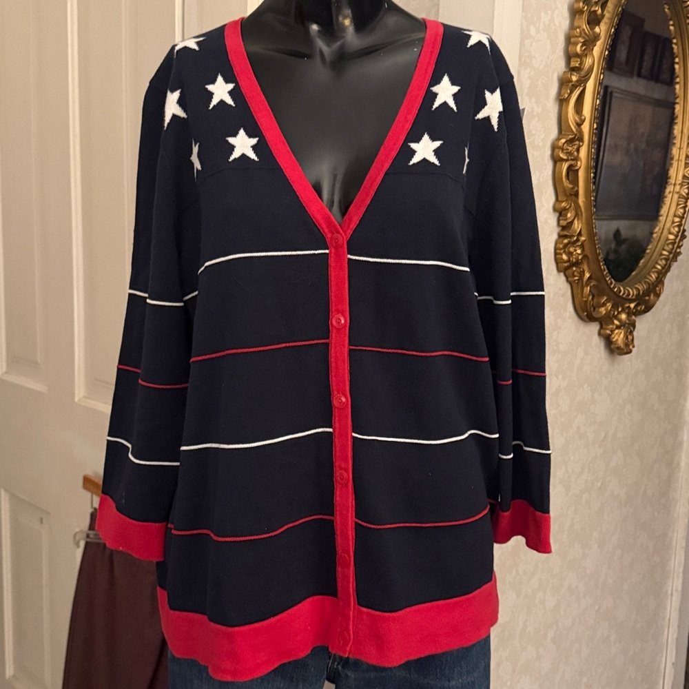 Christopher & Banks Red White Blue Stars Stripes V-Neck Cardigan Sweater Large